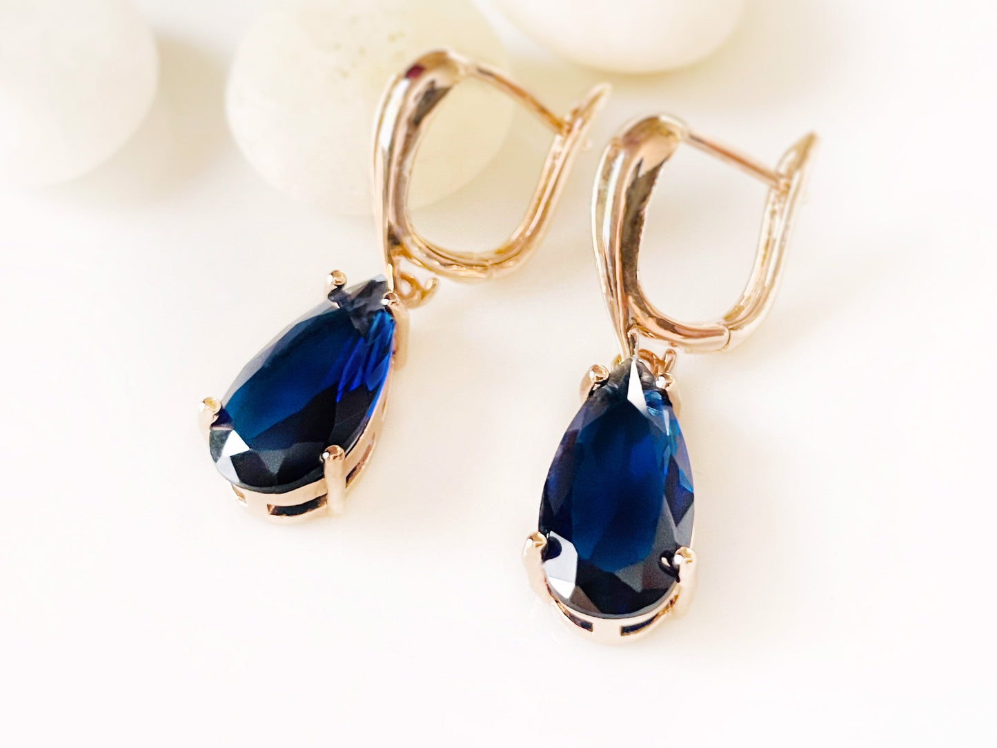 Large teardrop sapphire dangle earrings, navy blue gemstone drop earrings, gift for her, gift for mom, September birthday gift