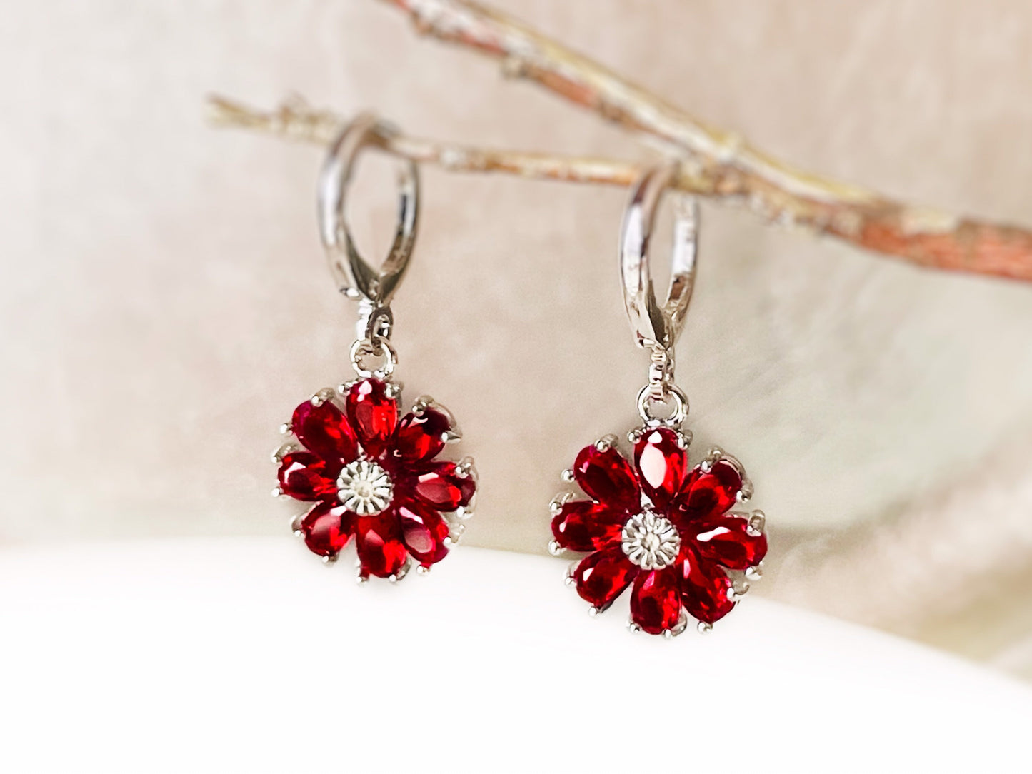 Ruby daisy 2pc jewelry set, ruby red gemstone flower