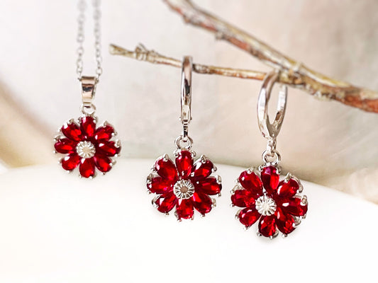 Ruby daisy 2pc jewelry set, ruby red gemstone flower