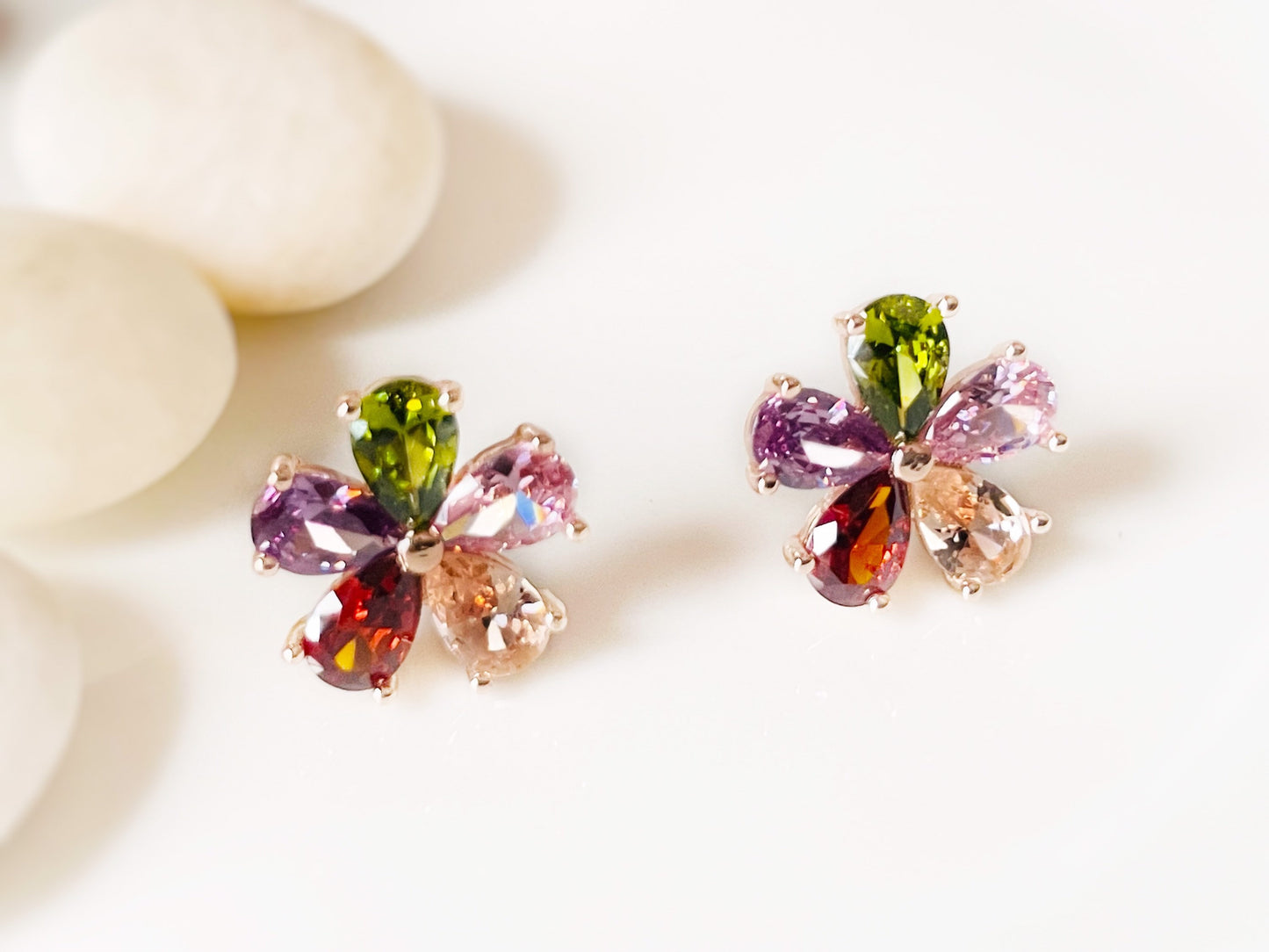 Multicolored flower dangle earrings rose gold, rainbows gemstone flower drop earrings, gift for her, gift for daughter