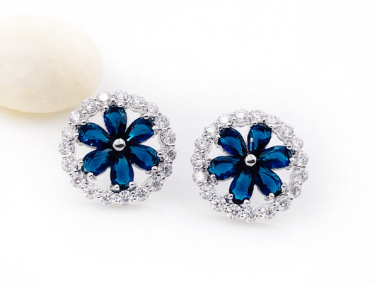 Halo sapphire flower stud earring in 18K white gold, statement blue gemstone flower stud earrings, September birthstone, gift for mom