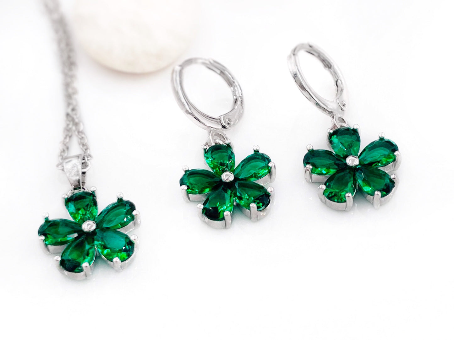 Emerald flower earrings white gold, emerald green flower earrings necklace set, May birthstone earrings, 2pc jewelry set, gift for daughter