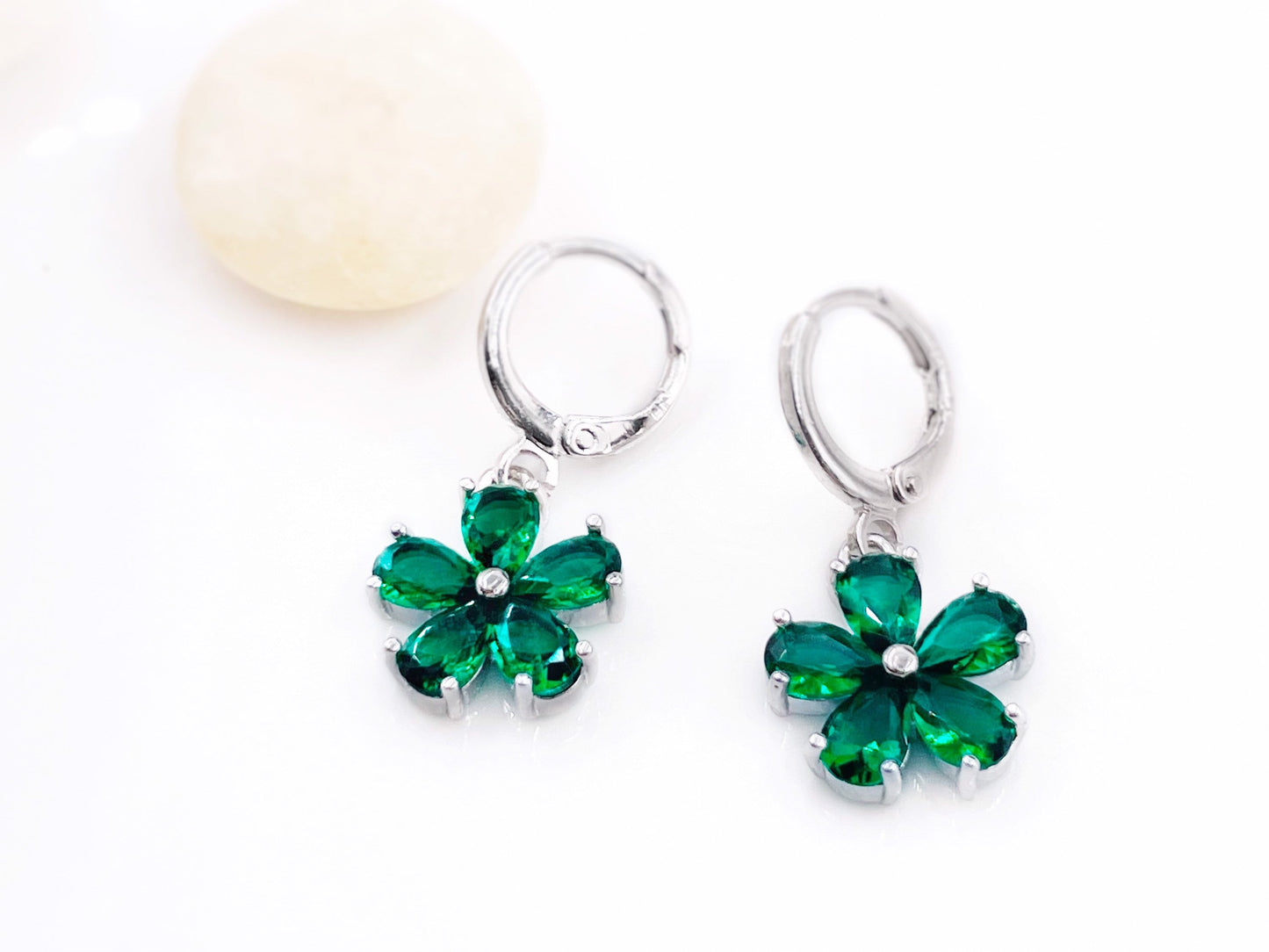 Emerald flower earrings white gold, emerald green flower earrings necklace set, May birthstone earrings, 2pc jewelry set, gift for daughter