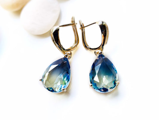 Large bicolor sapphire earring 14k gold, large teardrop bicolor sapphire dangles, gift for her, gift for mom