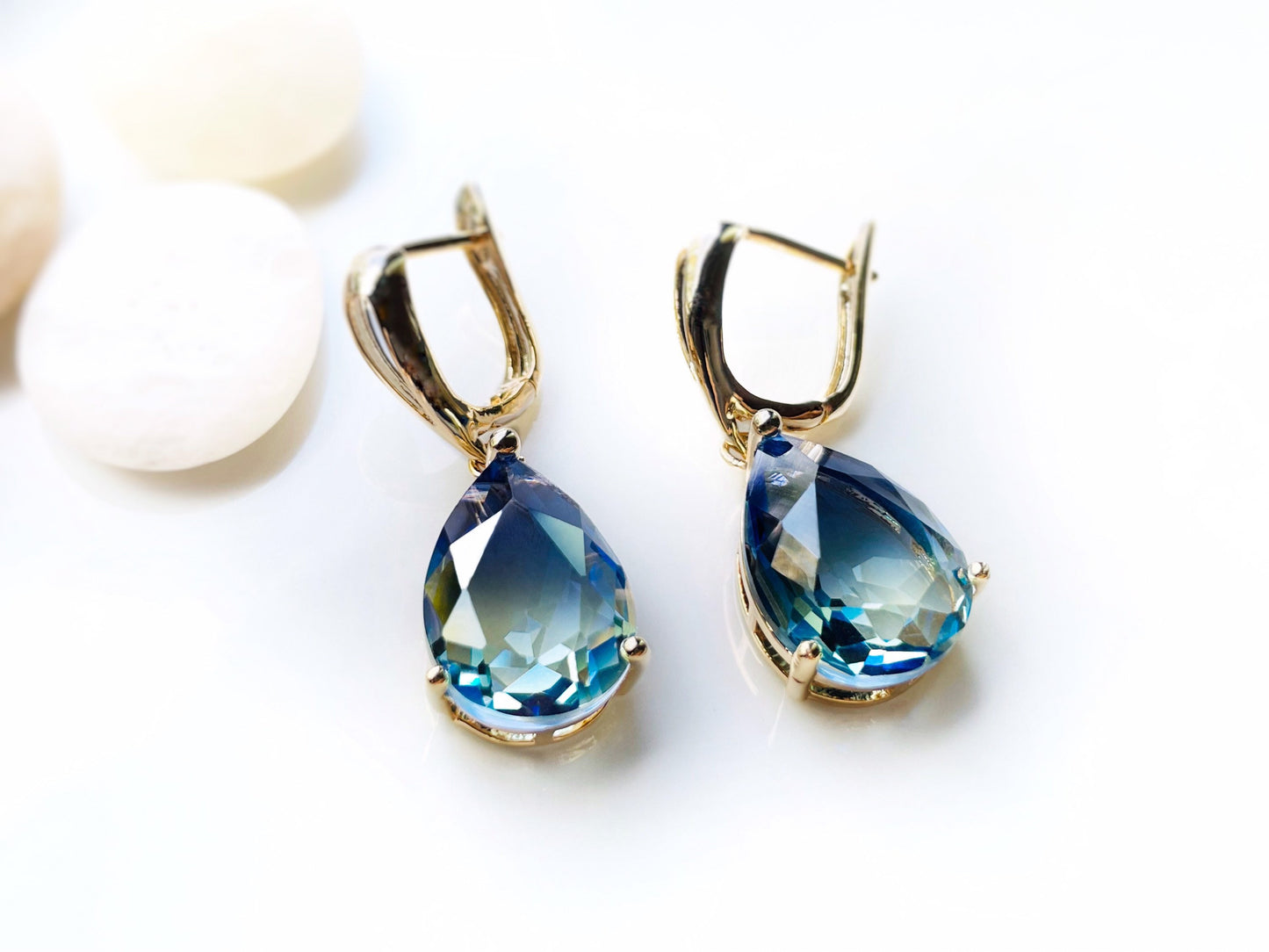 Large bicolor sapphire earring 14k gold, large teardrop bicolor sapphire dangles, gift for her, gift for mom