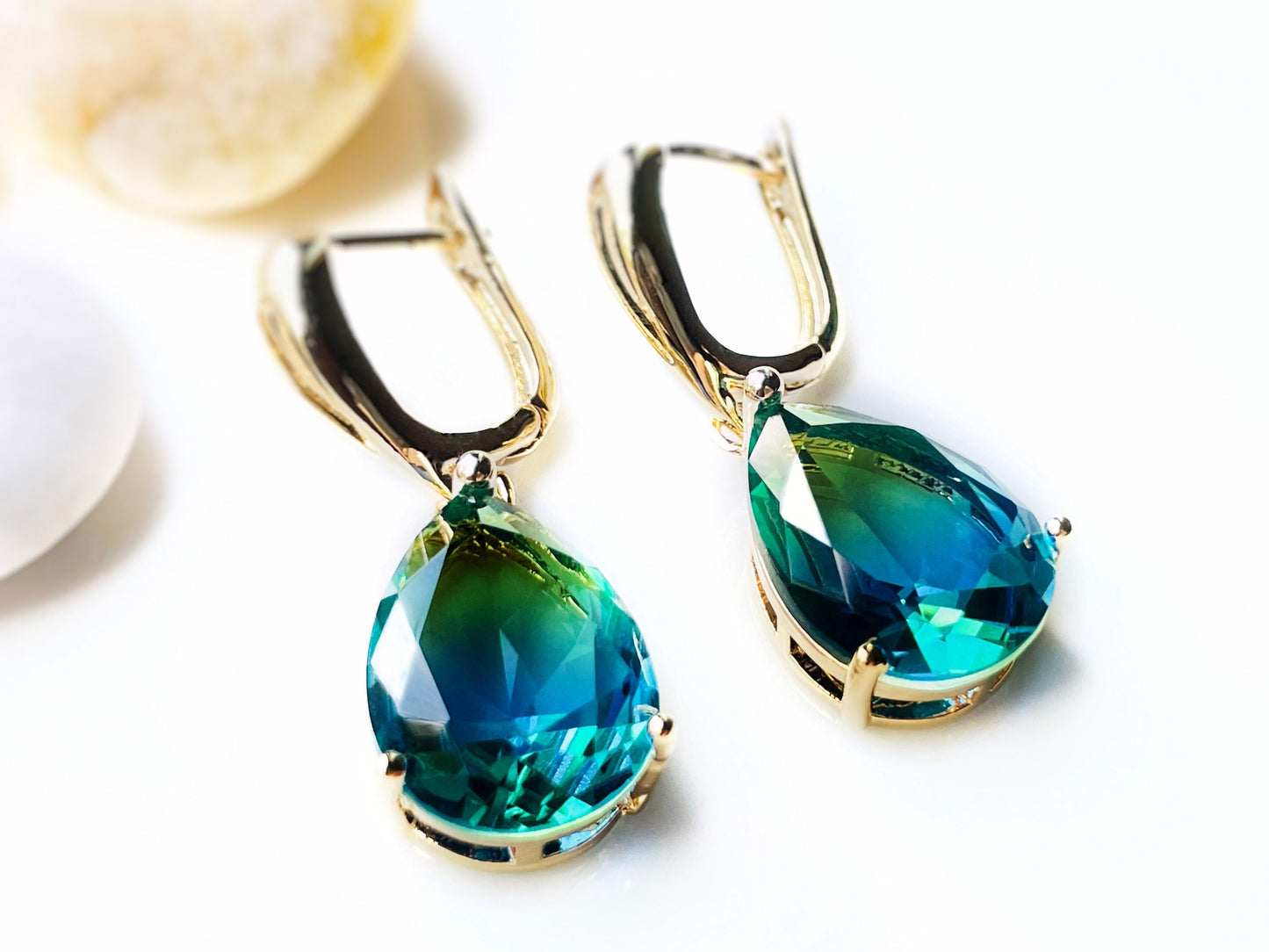 Bicolor green tourmaline earring 18K white gold, large teardrop bicolor green blue dangle earrings, gift for her, gift for mom