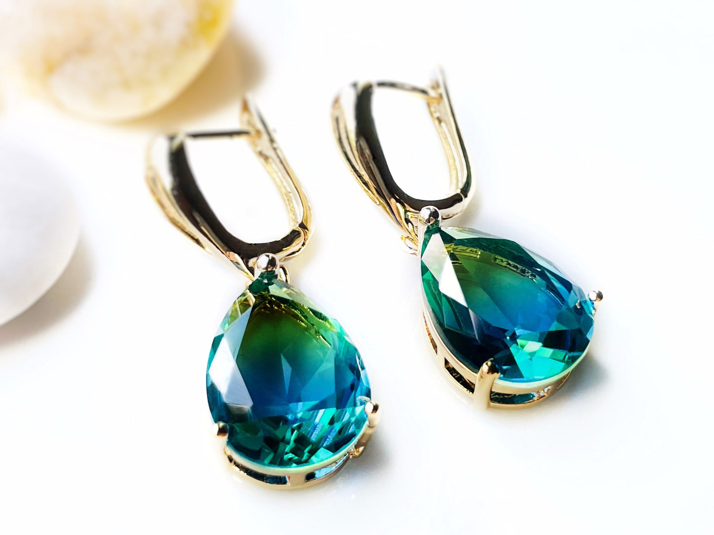 Large bicolor green tourmaline dangle earrings, large teardrop bicolor green blue drop earrings, gift for her, gift for mom, May birthstone