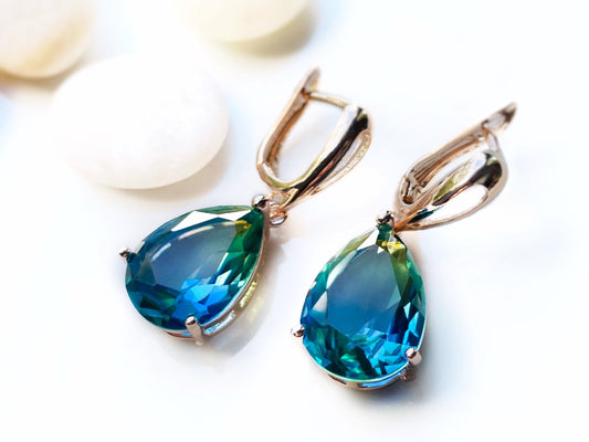 Bicolor green tourmaline earring 14k rose gold, large teardrop bicolor green blue dangle earrings, gift for her, gift for mom