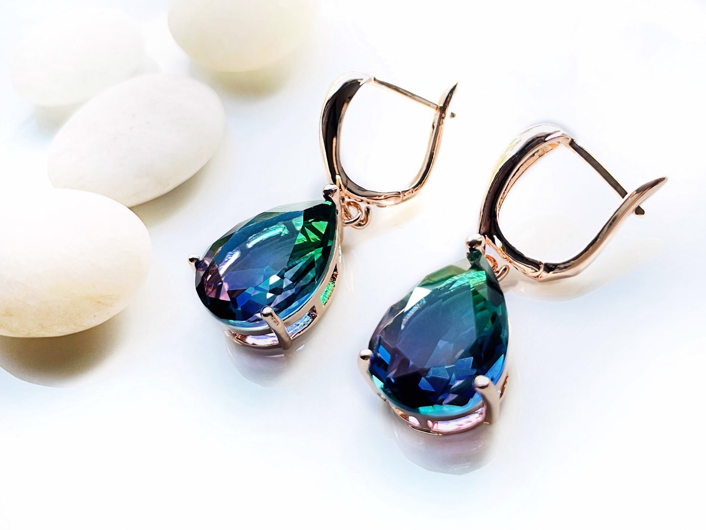 Large bicolor tanzanite earring 18K white gold, large teardrop bicolor green purple dangle earrings, gift for her, gift for mom