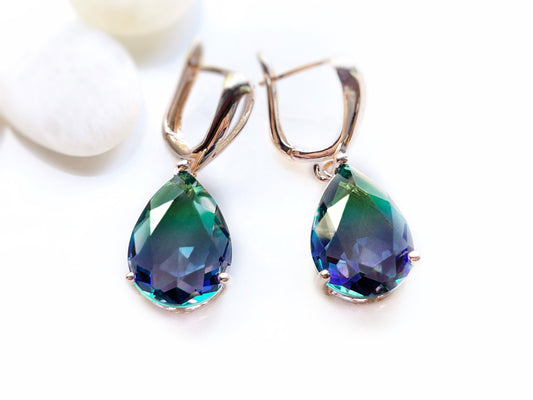 Large bicolor tanzanite dangle earrings, large teardrop green purple dangle, statement drop earrings, gift for her, gift for mom