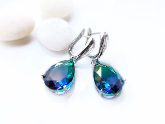 Large bicolor tanzanite earring 18K white gold, large teardrop bicolor green purple dangle earrings, gift for her, gift for mom