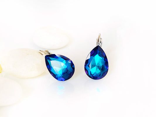 Bermuda Blue stud earrings, blue crystal lever back studs, blue fancy Crystal, bridal earrings, gift for her