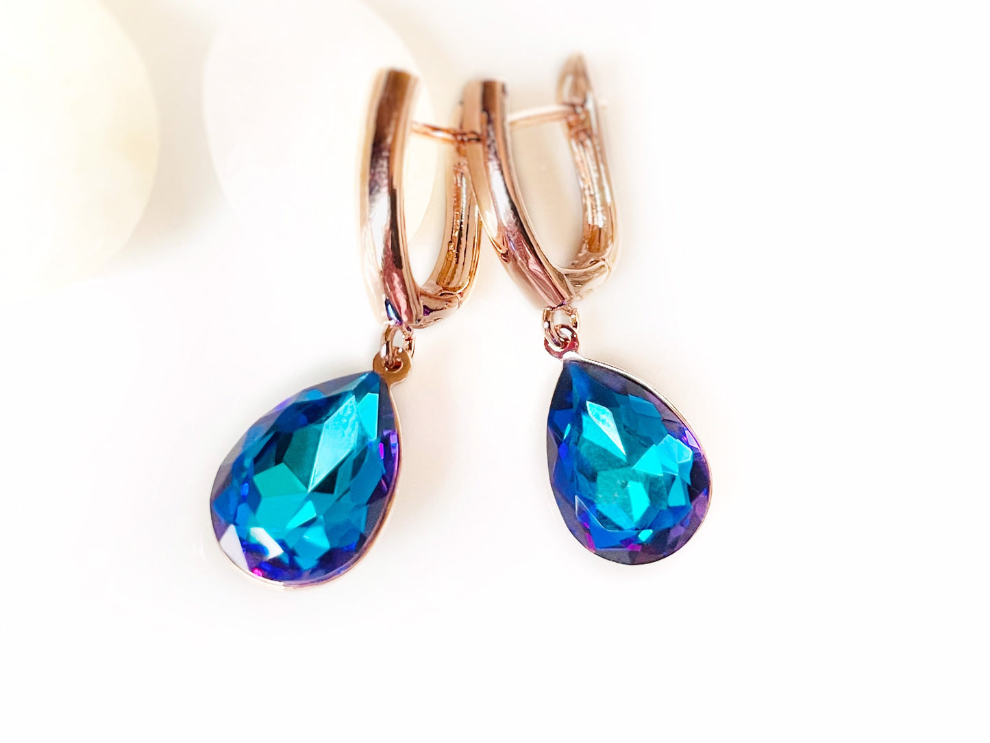 Bermuda Blue dangle earrings, blue crystal lever back studs, fancy blue Crystal, bridal earrings, gift for her