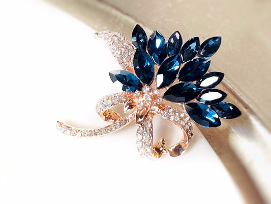 Sapphire floral bouquet brooch, dark blue floral crystal brooch, bridal party brooch, gift for her, gift for mom