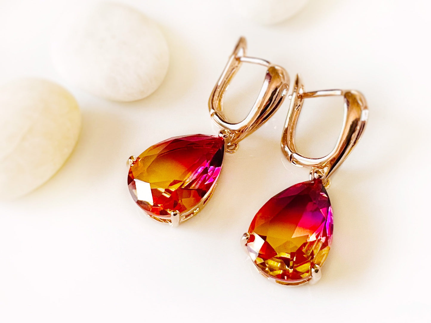 Large bi-color imperial topaz dangling earrings, orange pink topaz drop earrings, gift for her, gift for mom