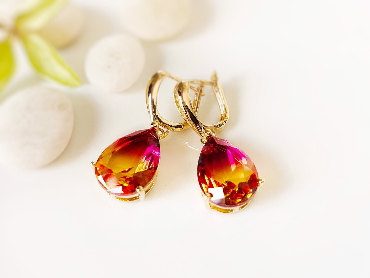 Large bi-color imperial topaz dangling earrings, orange pink topaz drop earrings, gift for her, gift for mom