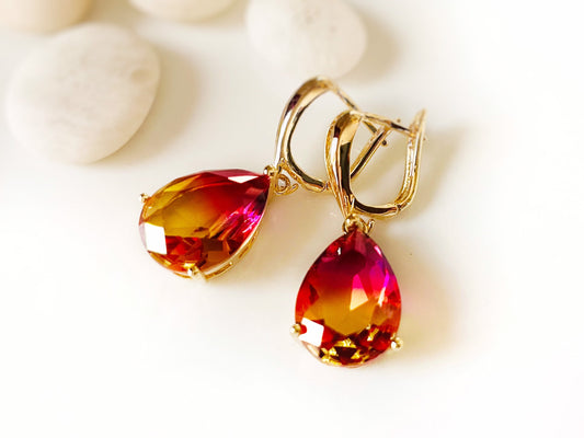 Large bi-color imperial topaz dangling earring in 14K gold, orange pink topaz drop earrings, bicolor gemstone, gift for her, gift for mom