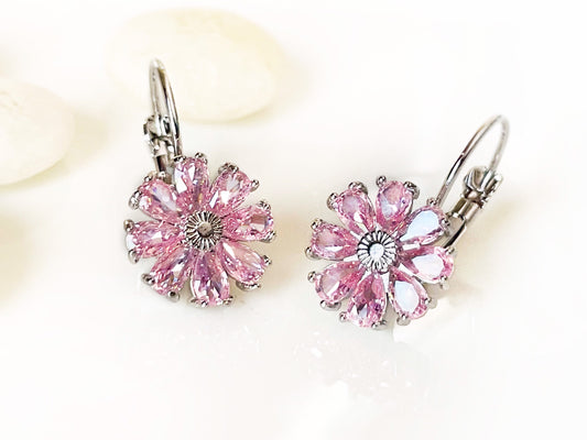 Pink sapphire flower leverback dangle earrings, pink gemstone daisy flower earrings, October birthstone, gift for mom, gift for her