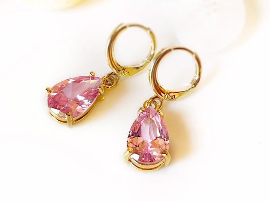Pink sapphire teardrop huggie dangle earring, Pink gemstone earrings, October birthstones, gift for her, gift for mom