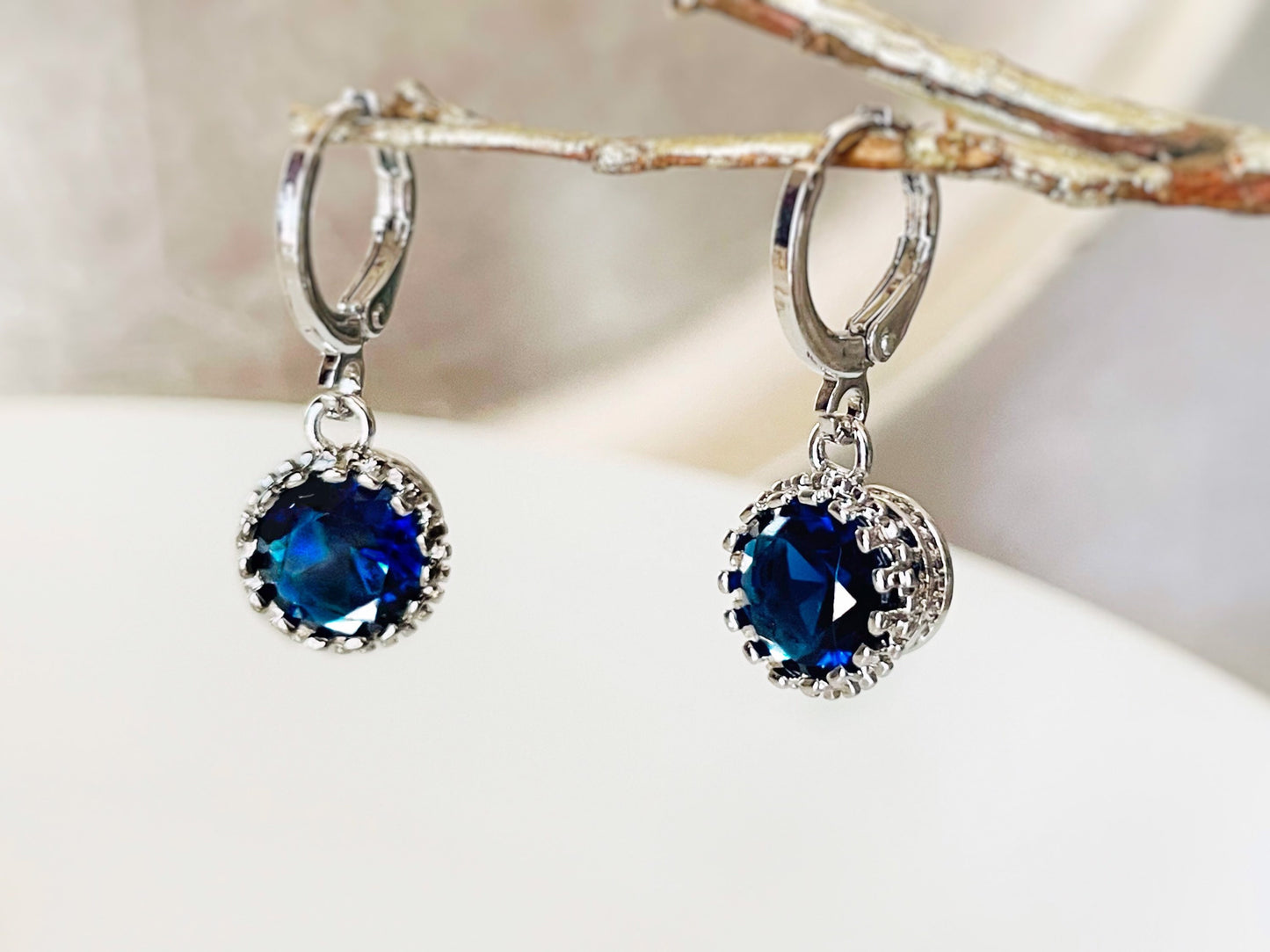 Blue sapphire 8mm dangle earrings, blue gemstone round bezel earrings, gift for her, gift for daughter, September birthstone