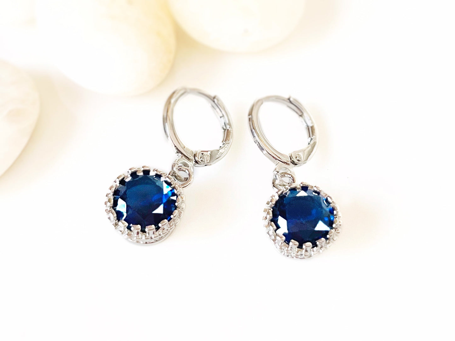 Blue sapphire 8mm dangle earrings, blue gemstone round bezel earrings, gift for her, gift for daughter, September birthstone