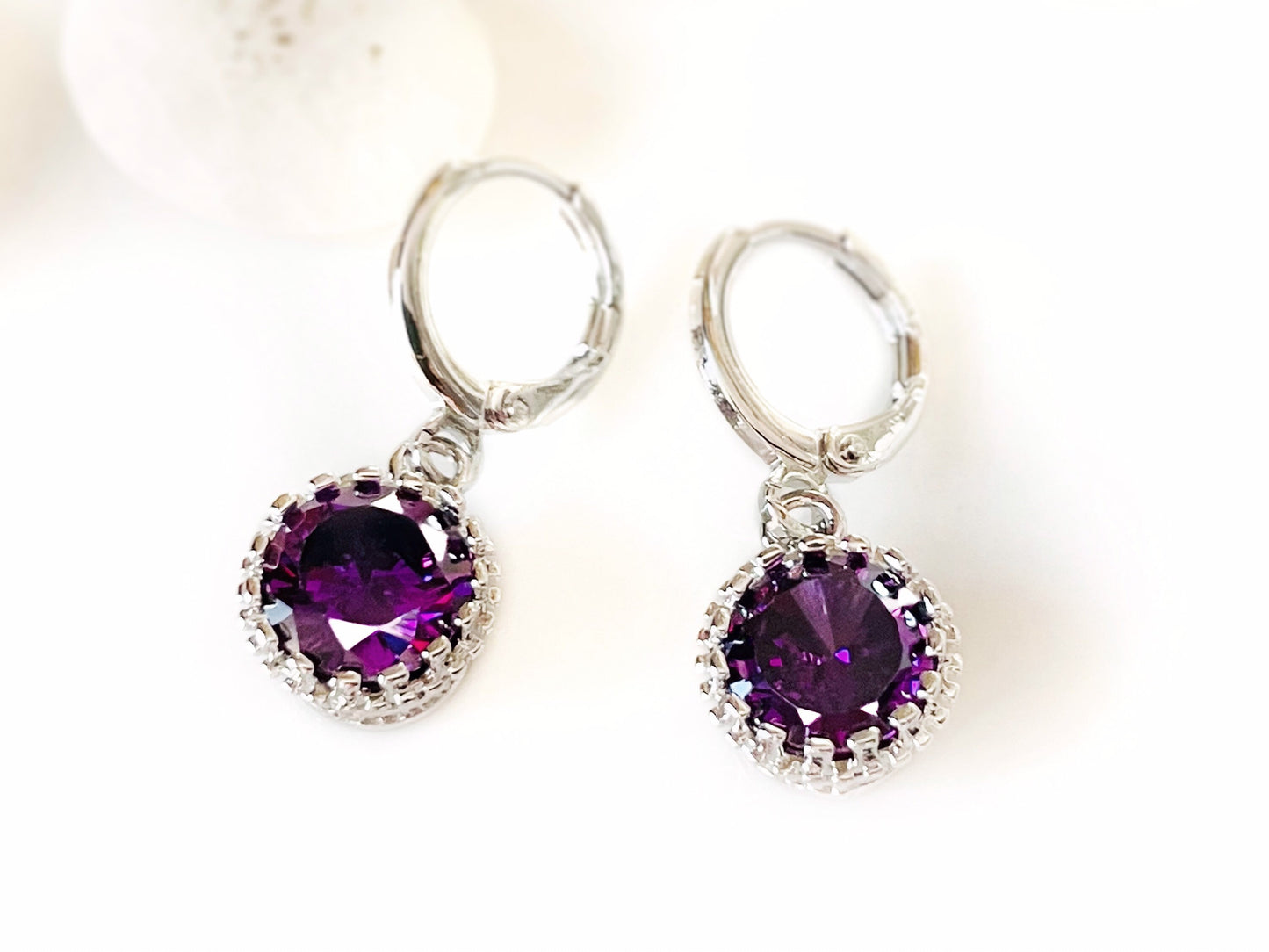 Amethyst round bezel dangle earrings, small purple 8mm gemstone huggie drop earrings, gift for her, gift for daughter, February birthstone