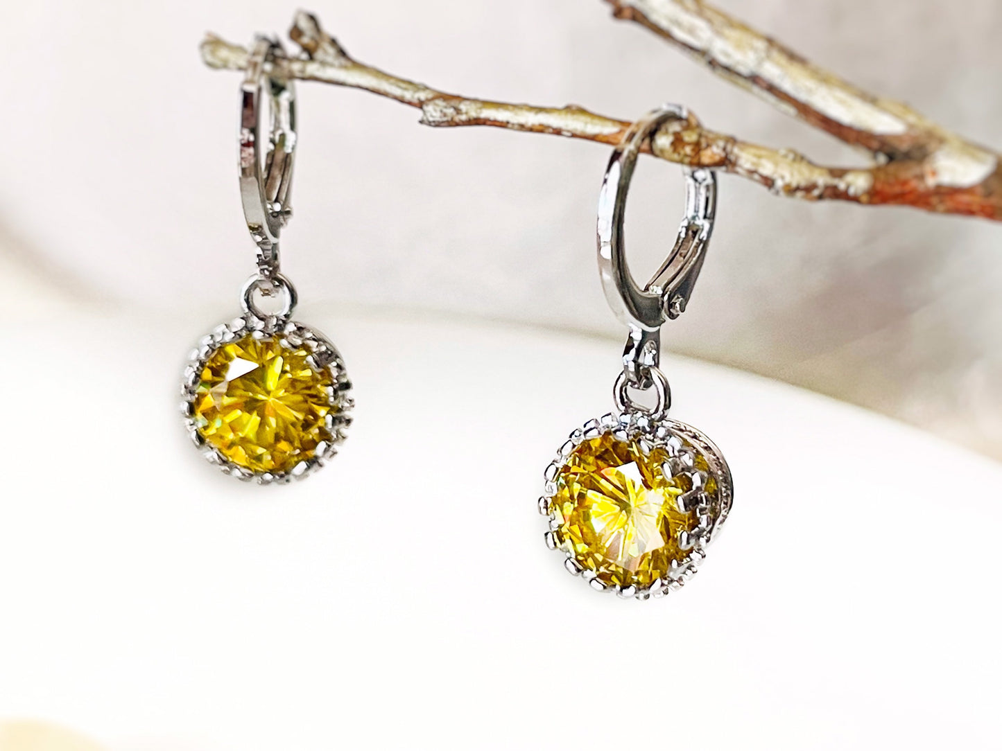 Citrine solitaire dangle huggie earrings, yellow gemstone drop earrings, gift for her, gift for daughter, November birthstone