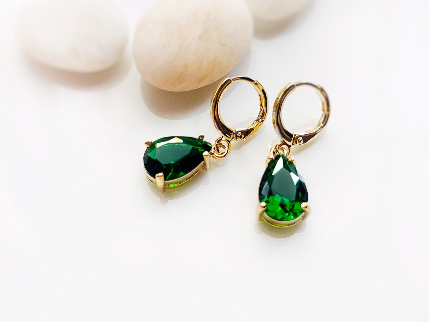 Emerald green gemstone huggie dangling earring in 14K gold, May birthstones, gift for her, gift for girl