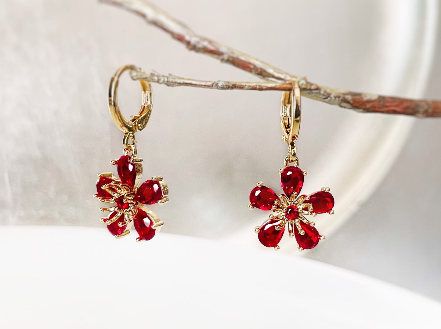 Ruby flower dangle earrings in 14k gold, red gemstone flower drop earrings, July birthstone earrings, gift for mom, gift for her