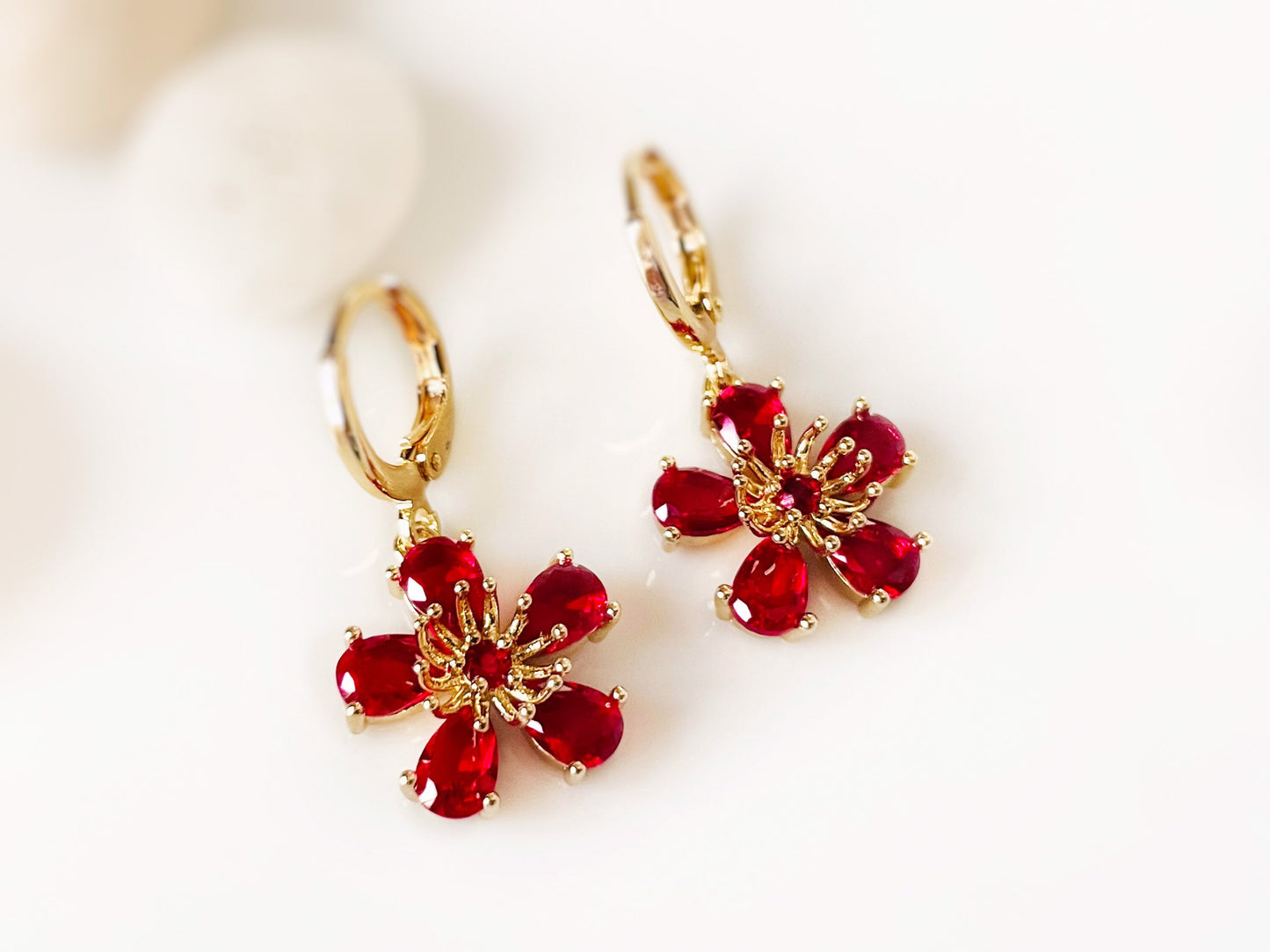 Ruby flower dangle earrings in 14k gold, red gemstone flower drop earrings, July birthstone earrings, gift for mom, gift for her