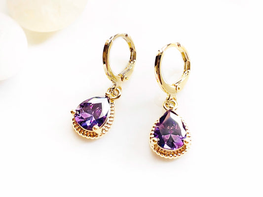 Amethyst gemstone huggie dangling earring, small purple bezel gemstone earrings, gift for her, gift for girls, February birthstones