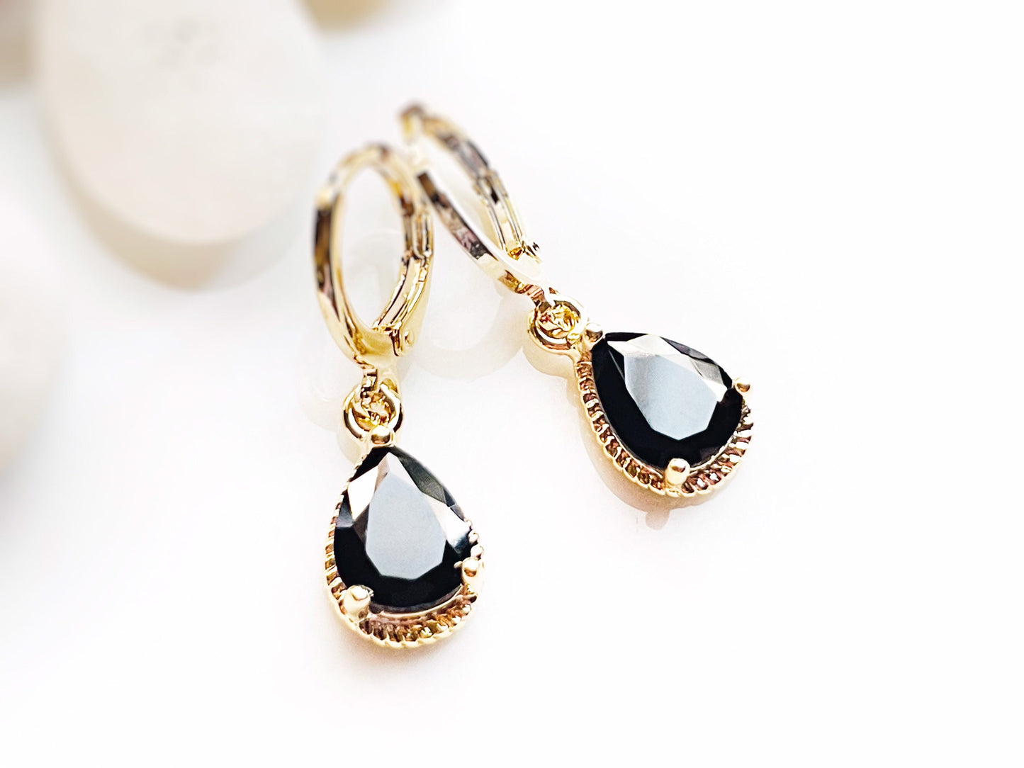 Teardrop onyx gemstone dangling huggie earrings, small black bezel gemstone earrings, gift for woman