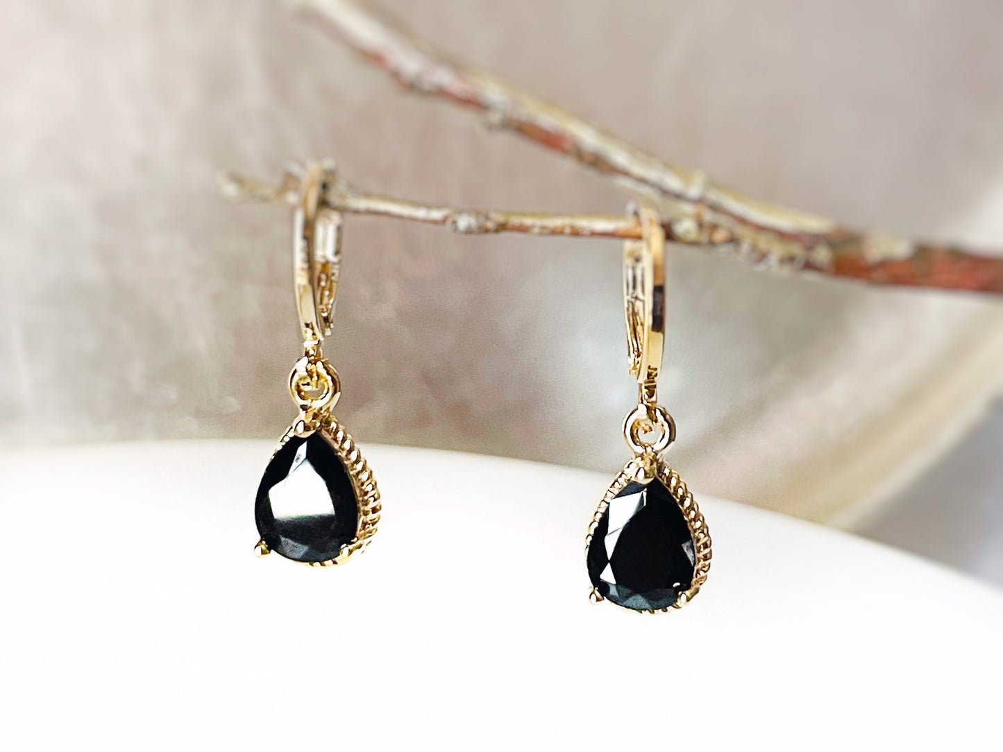 Teardrop onyx gemstone dangling huggie earrings, small black bezel gemstone earrings, gift for woman