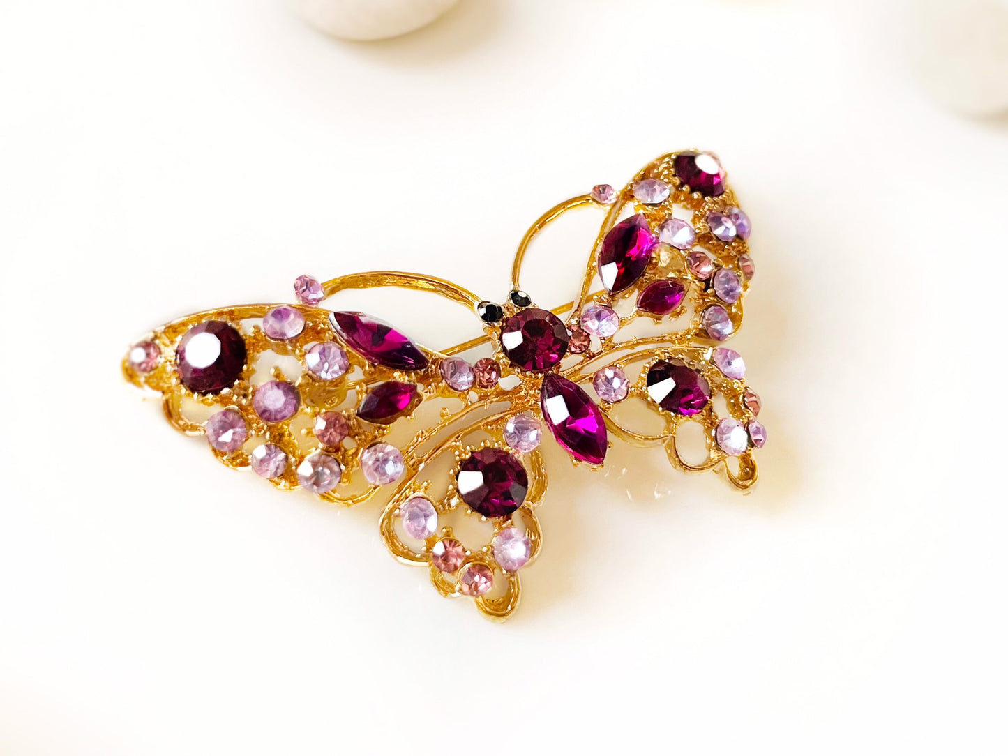 Amethyst crystal butterfly brooch pin gold, large purple crystal butterfly statement brooch