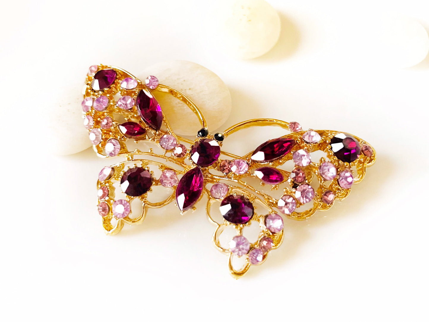 Amethyst crystal butterfly brooch pin gold, large purple crystal butterfly statement brooch