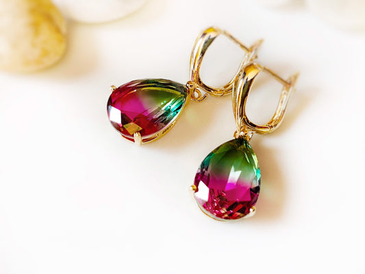 Large watermelon tourmaline dangling earrings gold, bicolor tourmaline earrings, pink green gemstone earrings, gift for her, gift for mom