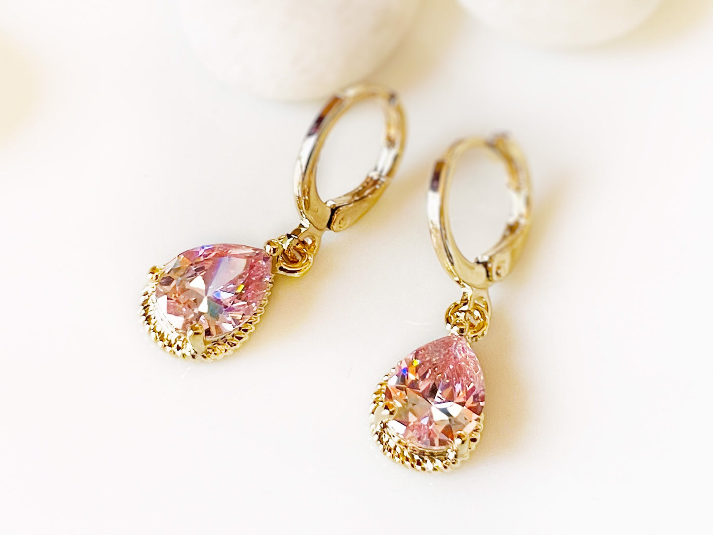 Pink sapphire gemstone huggie dangle earring in 18K white gold, October birthstones, pink gem teardrop earrings, girl earrings, gift for her
