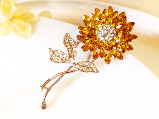 Orange topaz sunflower brooch in 14K rose gold, orange yellow crystal sunflower brooch, gift for her, gift for mom