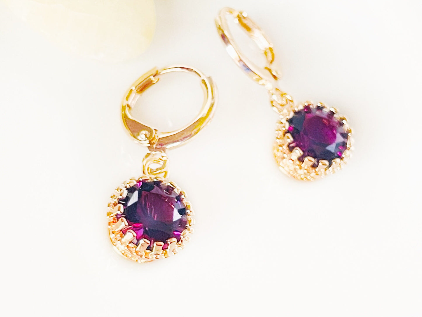 Amethyst round bezel dangle earrings, small purple 8mm gemstone huggie drop earrings, gift for her, gift for daughter, February birthstone