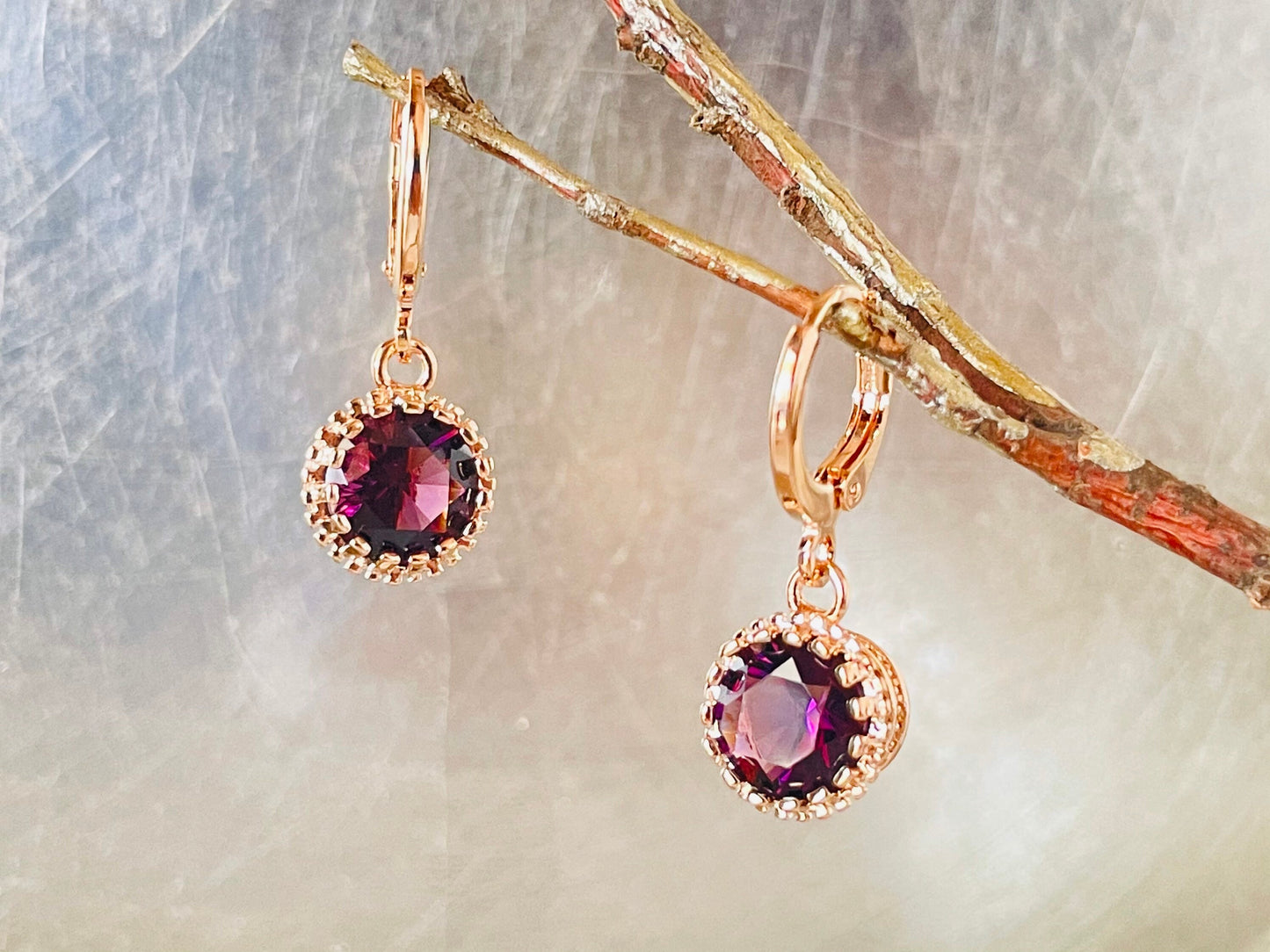 Amethyst round bezel dangle earrings, small purple 8mm gemstone huggie drop earrings, gift for her, gift for daughter, February birthstone