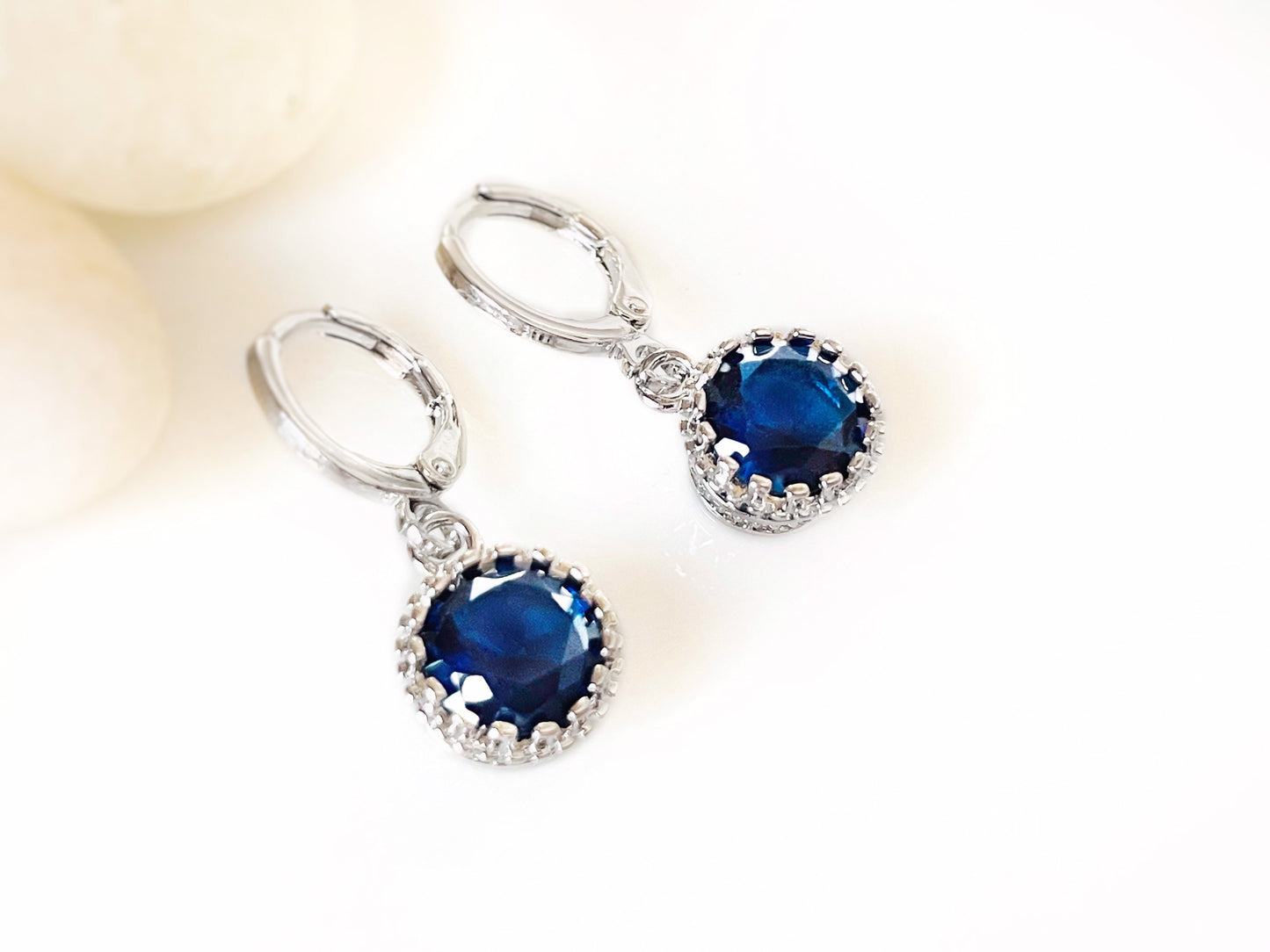 Blue sapphire 8mm dangle earrings, blue gemstone round bezel earrings, gift for her, gift for daughter, September birthstone