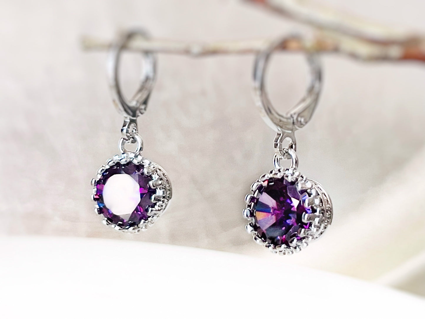 Amethyst round bezel dangle earrings, small purple 8mm gemstone huggie drop earrings, gift for her, gift for daughter, February birthstone