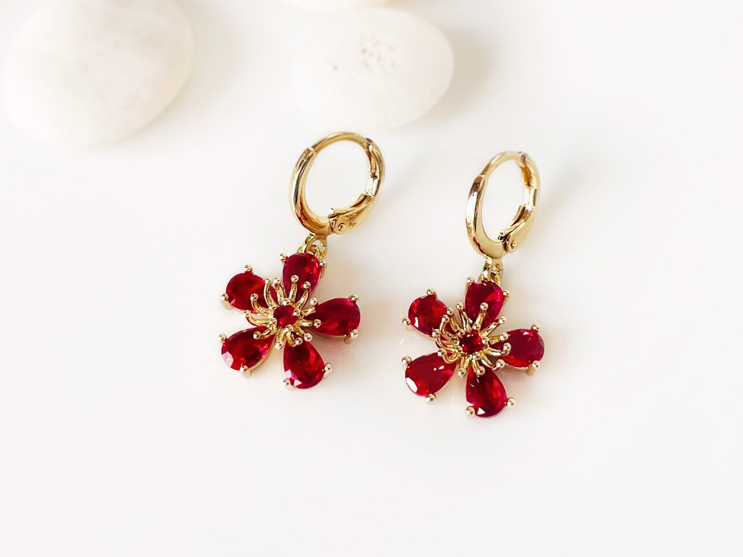 Ruby flower dangle earrings in 14k gold, red gemstone flower drop earrings, July birthstone earrings, gift for mom, gift for her