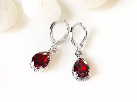 Garnet teardrop huggie dangle earrings 18k white gold, red gemstone bezel earrings, gift for her, gift for daughter, January birthstone