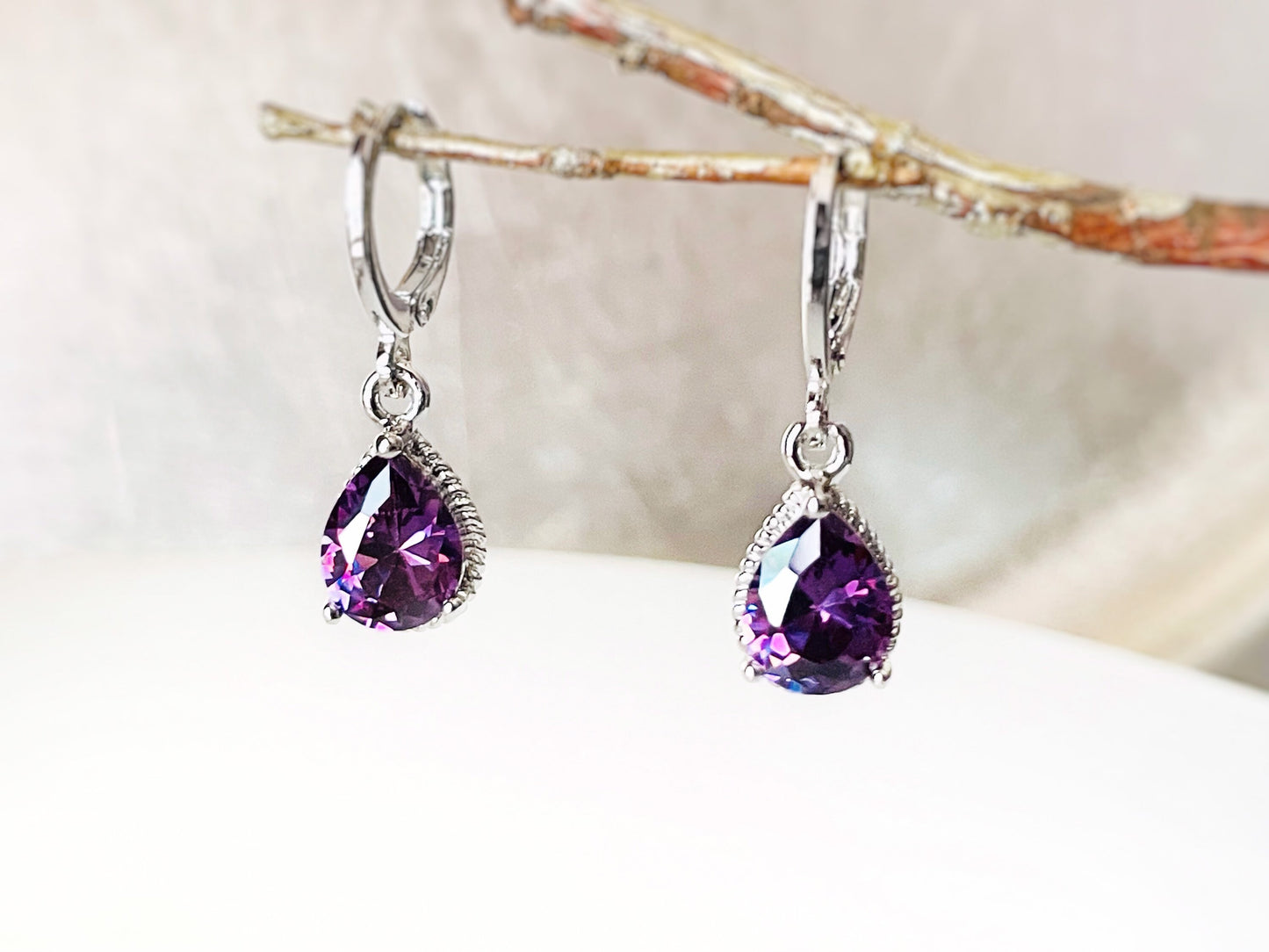 Amethyst gemstone huggie dangling earring, small purple bezel gemstone earrings, gift for her, gift for girls, February birthstones