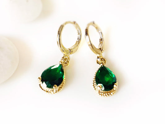 Small emerald bezel earrings, green teardrop gemstone dangle earrings, gift for her, gift for girls, May birthstone