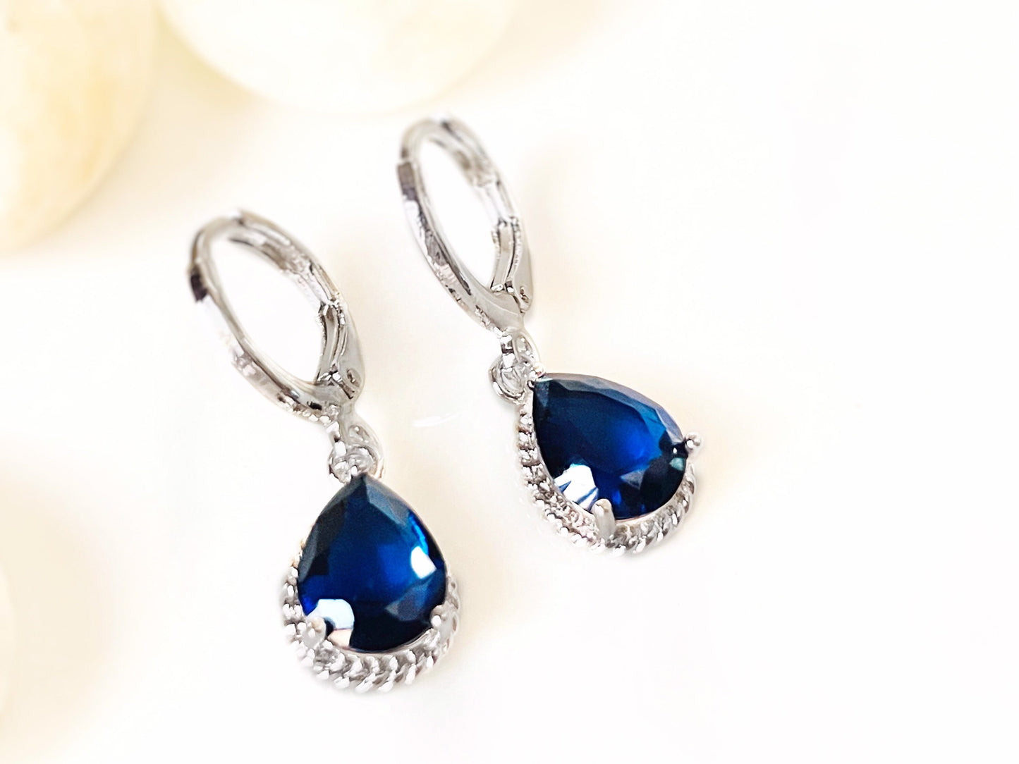 Teardrop sapphire dangle huggie earrings, sapphire blue gemstone earrings, gift for her, gift for daughter, September birthstone earrings