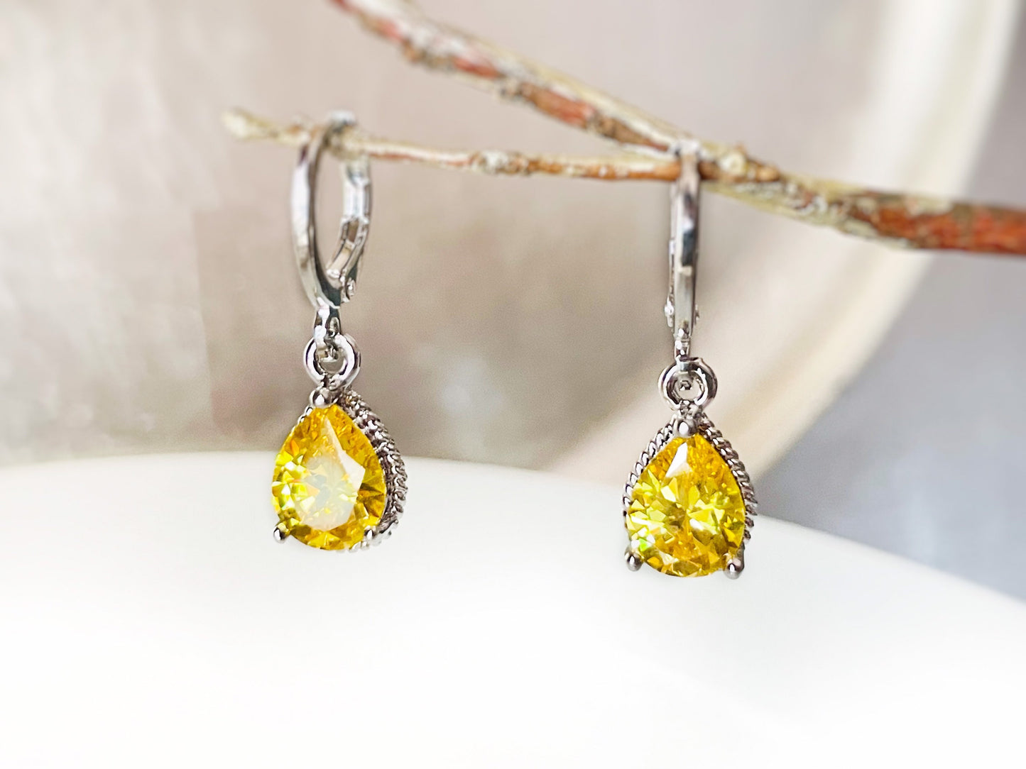 Citrine teardrop bezel dangle earrings white gold, small teardrop yellow gemstone earrings, gift for her, gift for mom, November birthstones