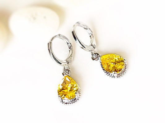 Citrine teardrop bezel dangle earrings white gold, small teardrop yellow gemstone earrings, gift for her, gift for mom, November birthstones