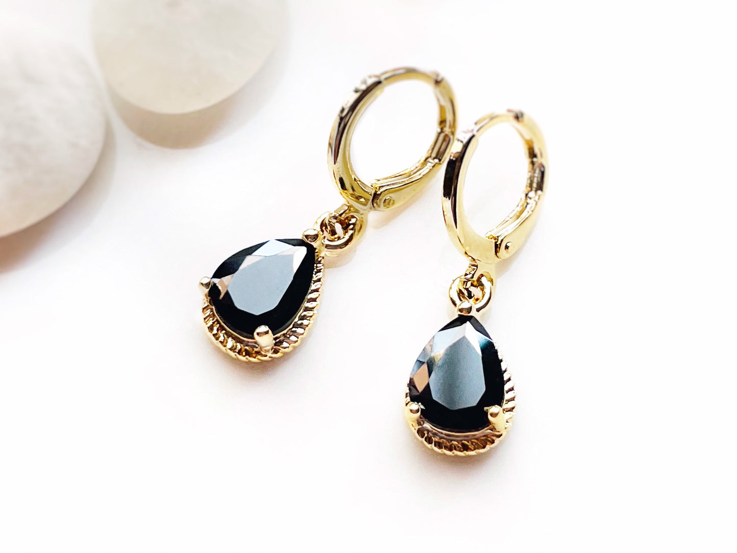 Teardrop onyx gemstone dangling huggie earrings, small black bezel gemstone earrings, gift for woman